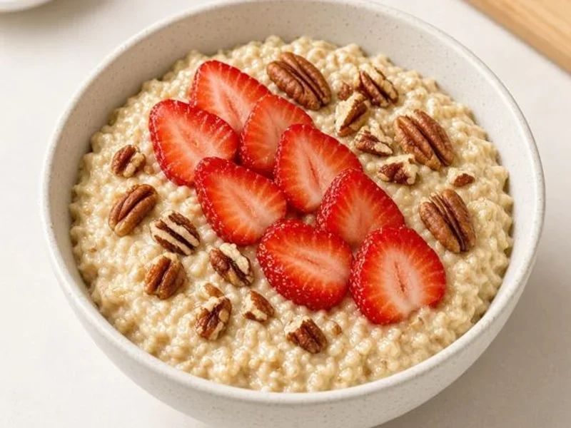 Steel Cut Oatmeal with Strawberries & Cinnamon Crunch Topping, without pecans